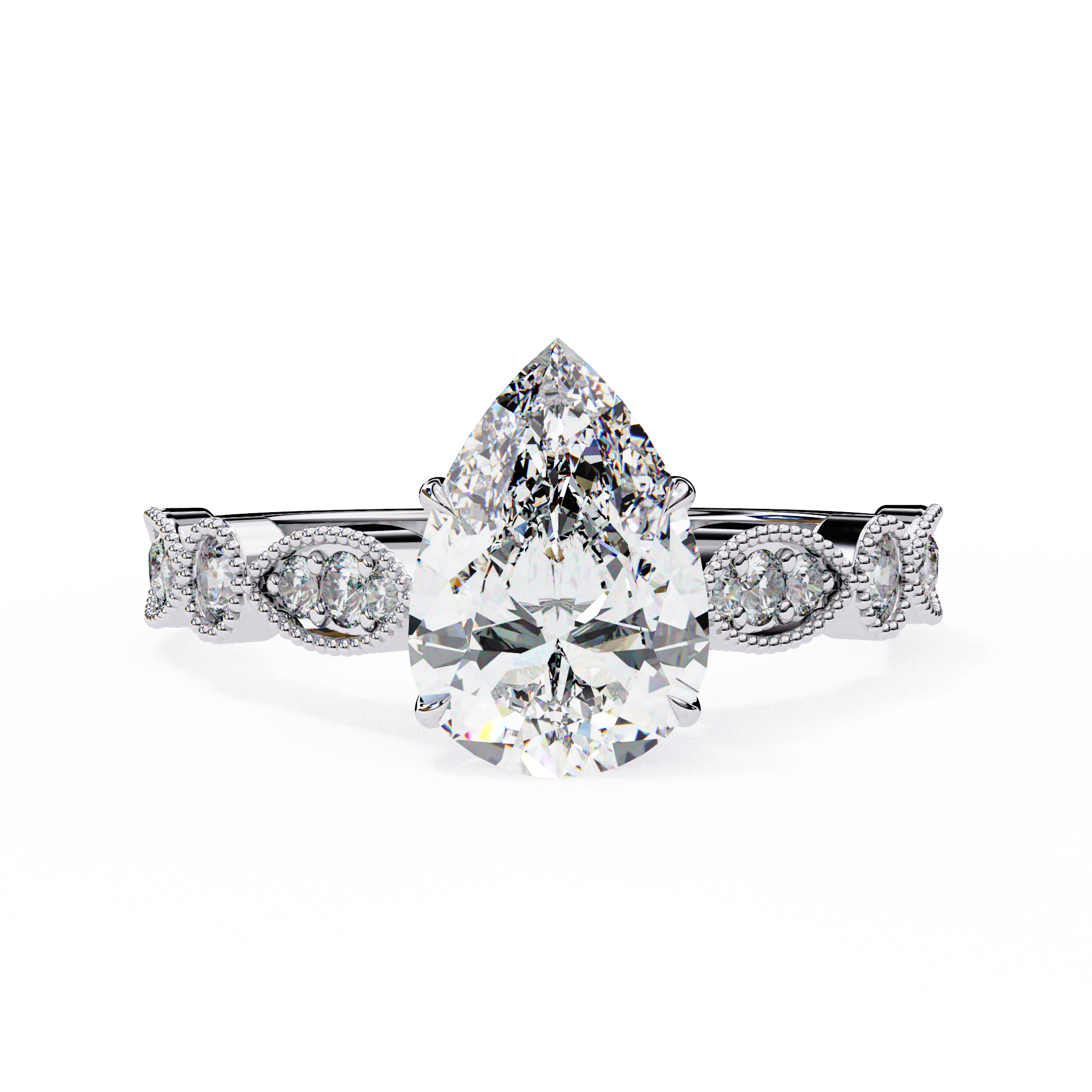 Diamond ring with a pear-shaped center stone on a white background