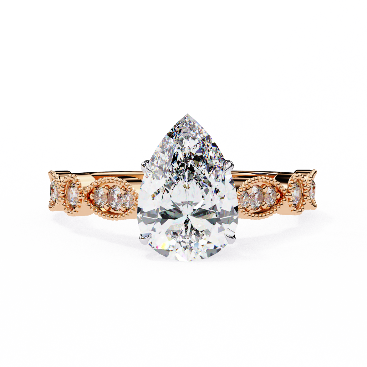 Rose gold ring with a pear-shaped diamond on a white background