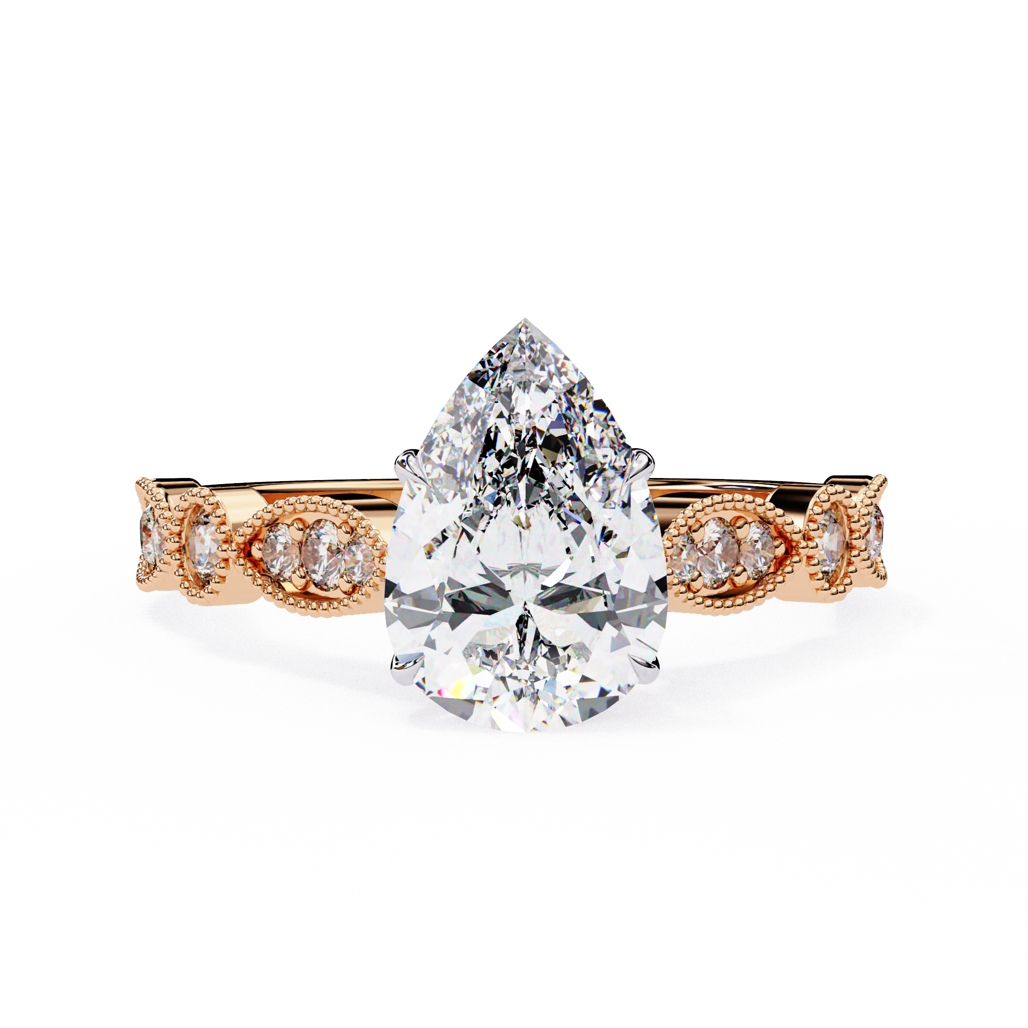 Rose gold ring with a pear-shaped diamond on a white background