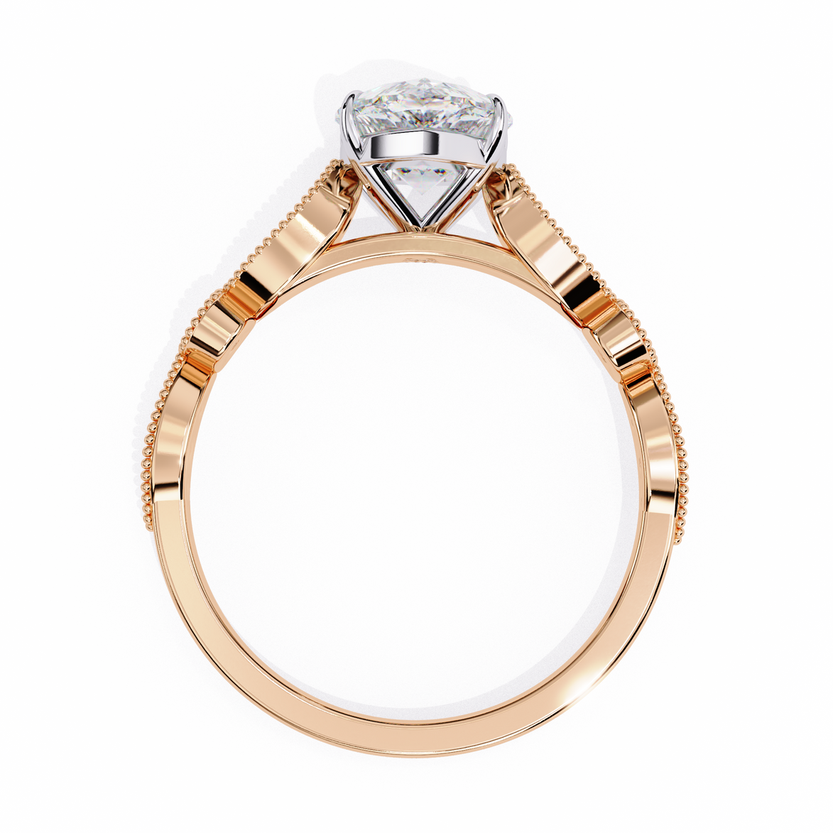 Rose gold ring with a diamond on a white background