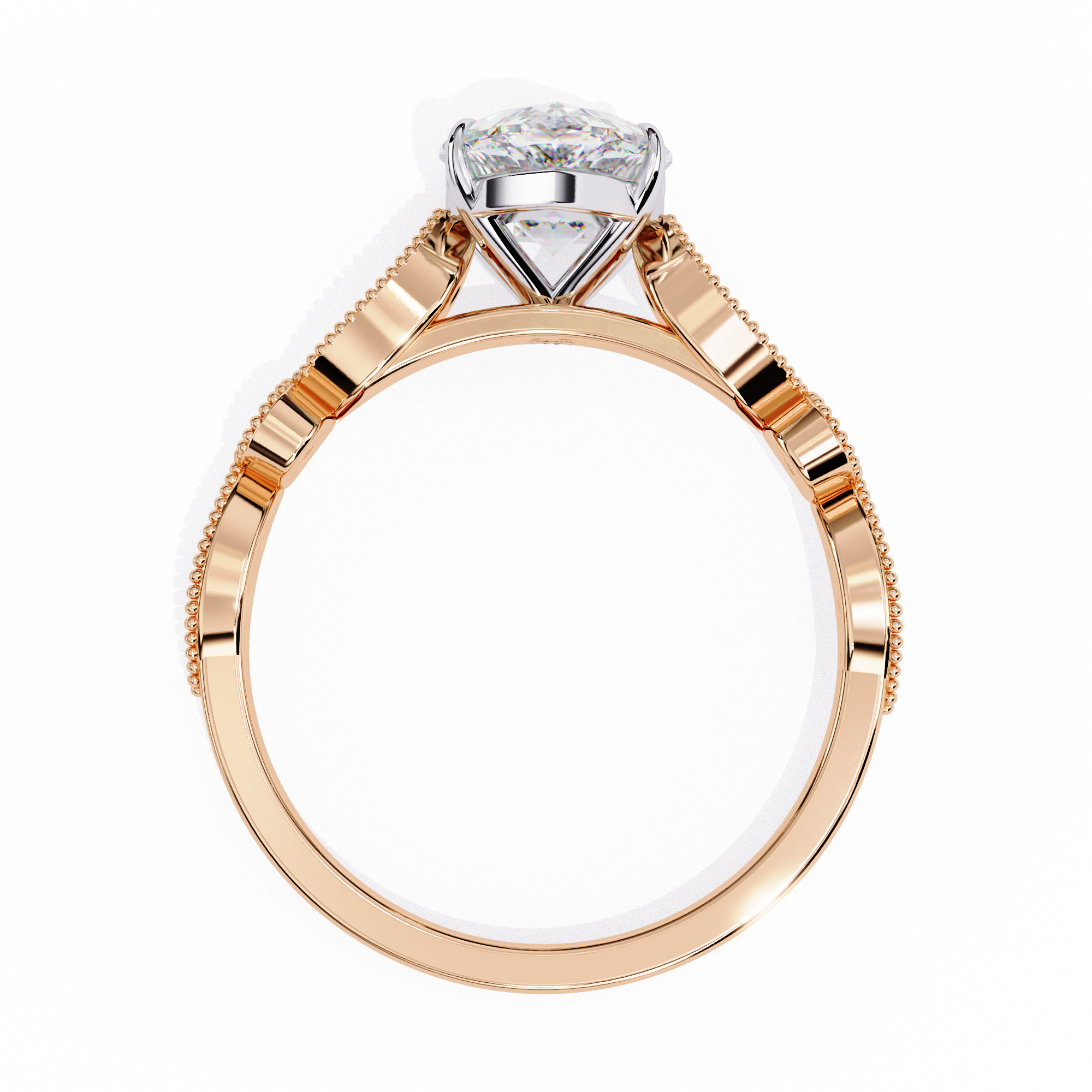 Rose gold ring with a diamond on a white background