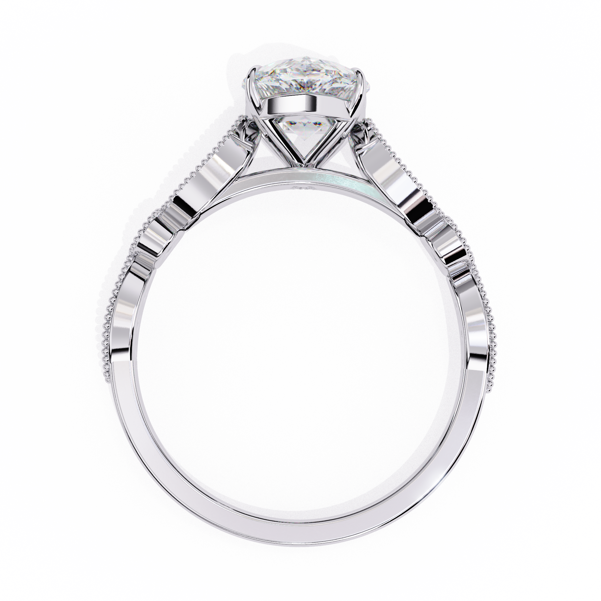 Diamond ring with a white gold band on a white background