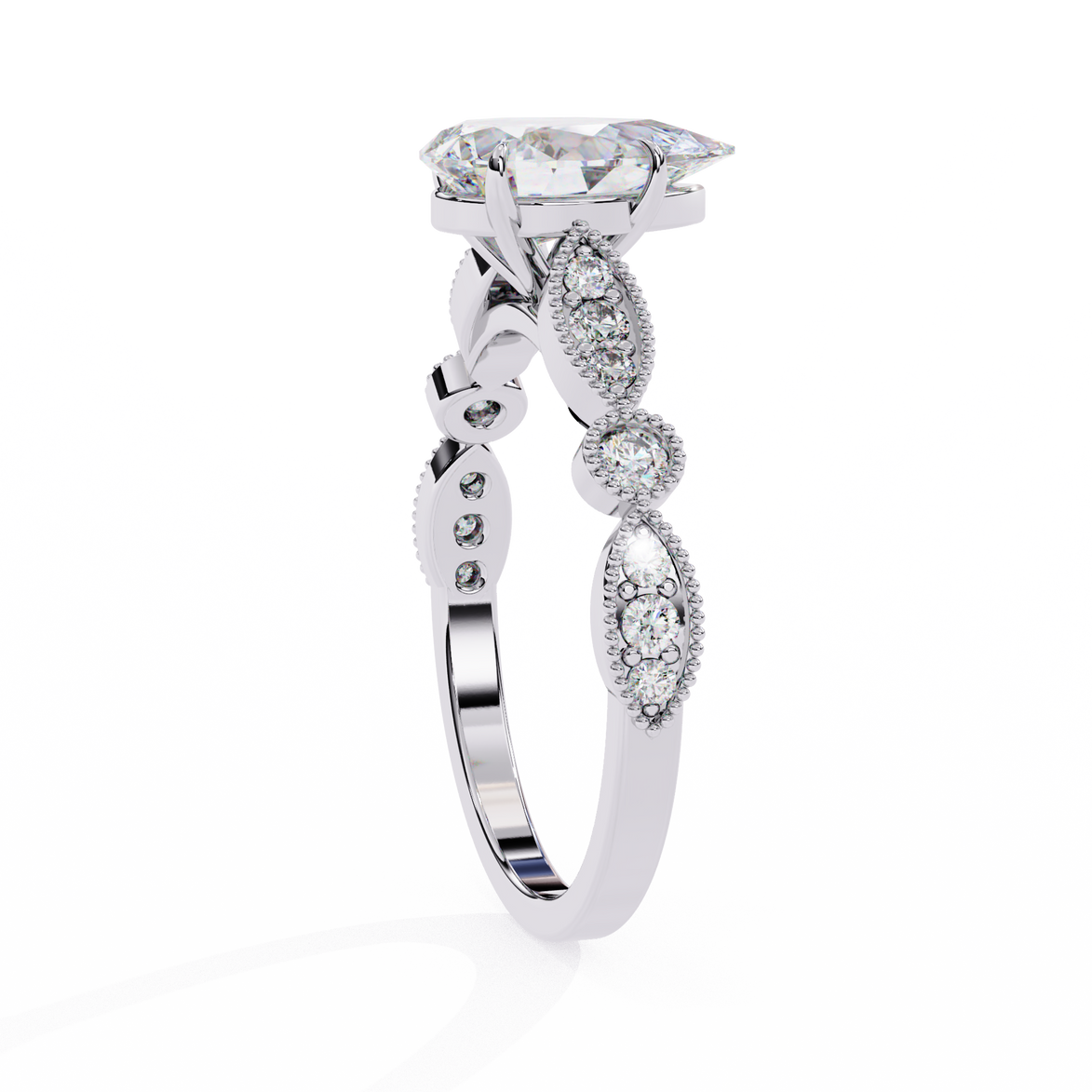 Silver ring with diamond accents on a white background