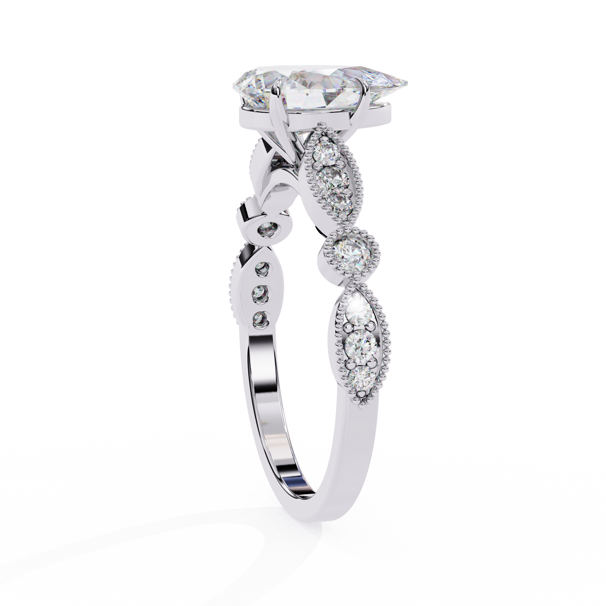 Silver ring with diamond accents on a white background