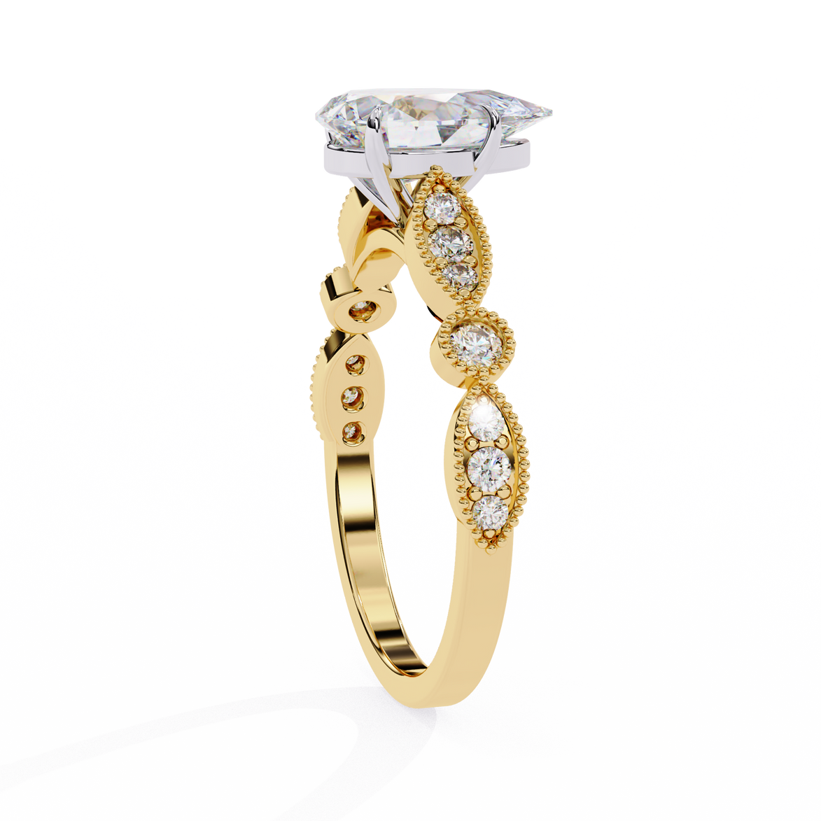 Gold and silver ring with diamond accents on a white background