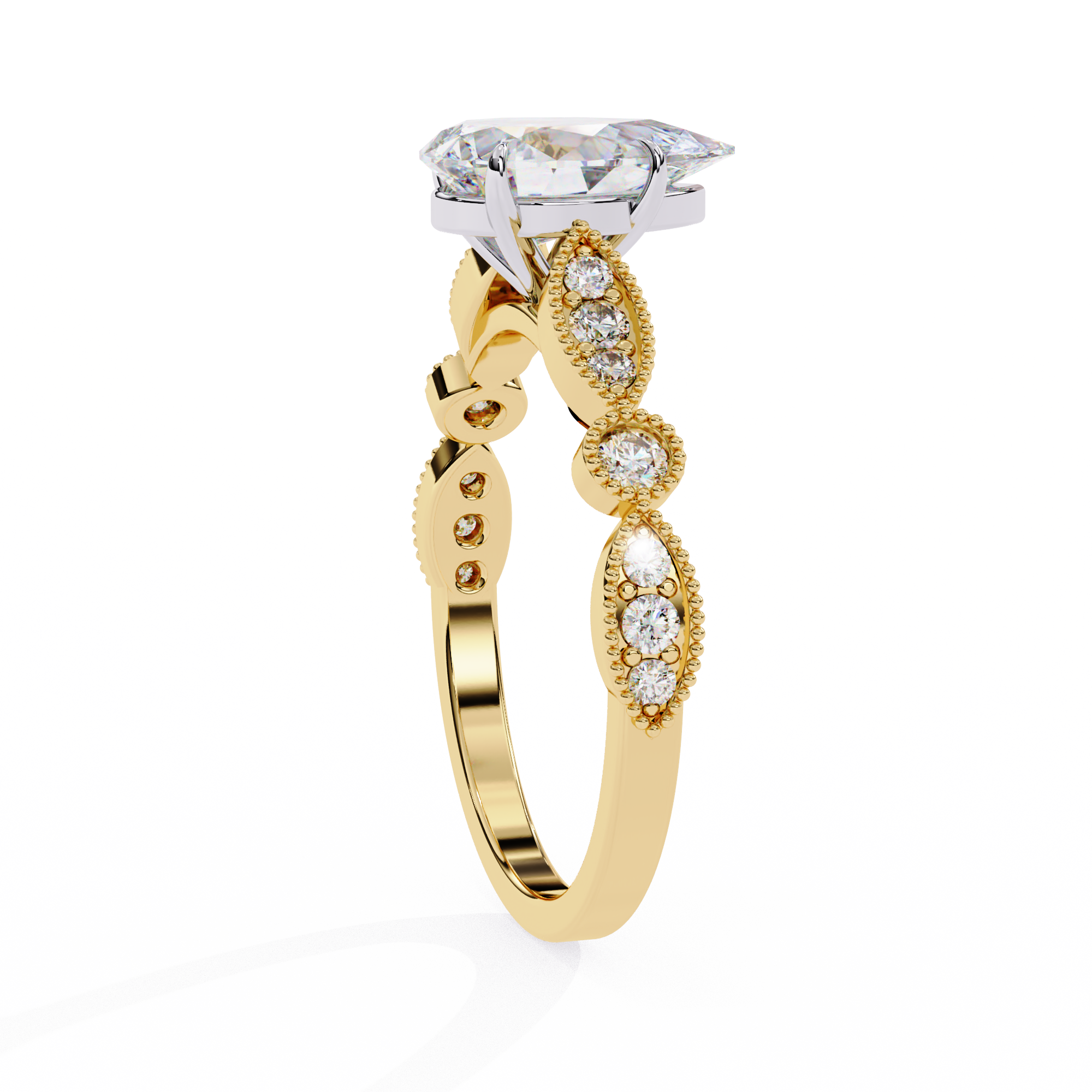 Gold and silver ring with diamond accents on a white background