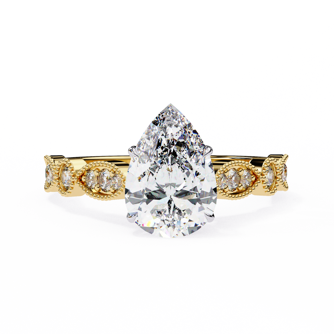Rose gold ring with a pear-shaped diamond on a white background