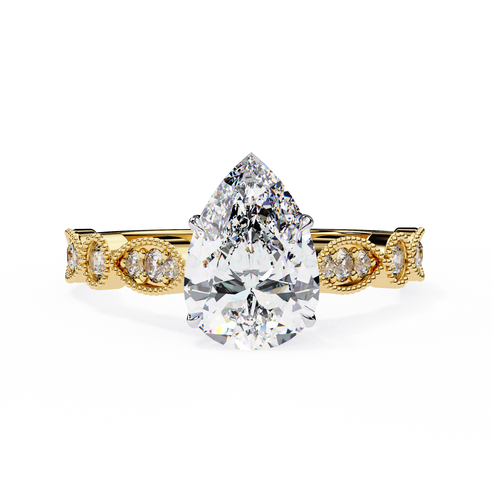 Rose gold ring with a pear-shaped diamond on a white background