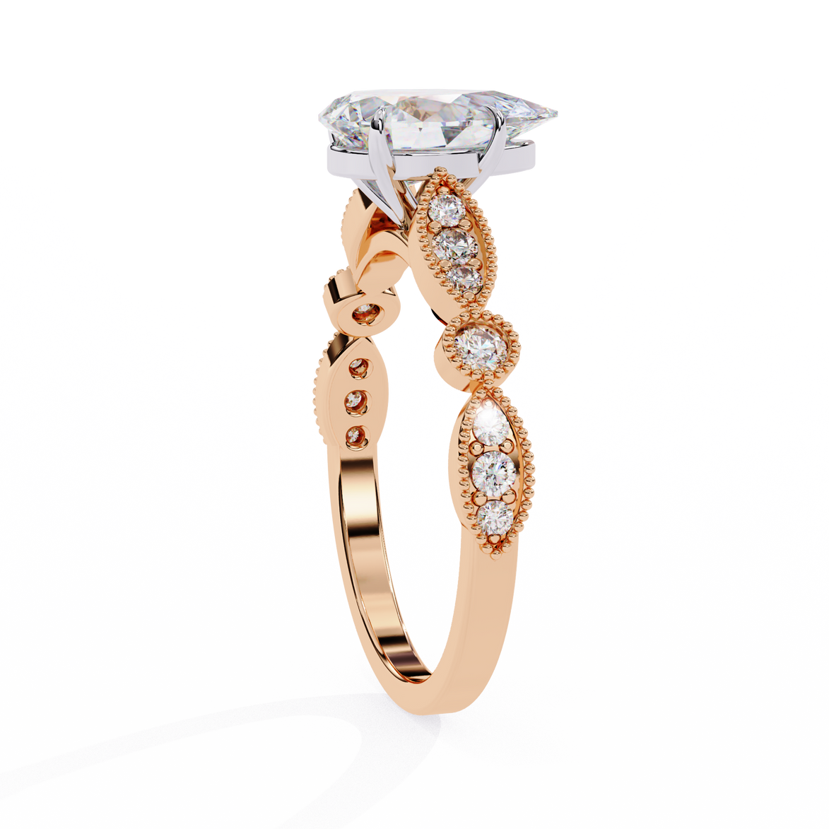 Rose gold and white gold ring with diamonds on a white background