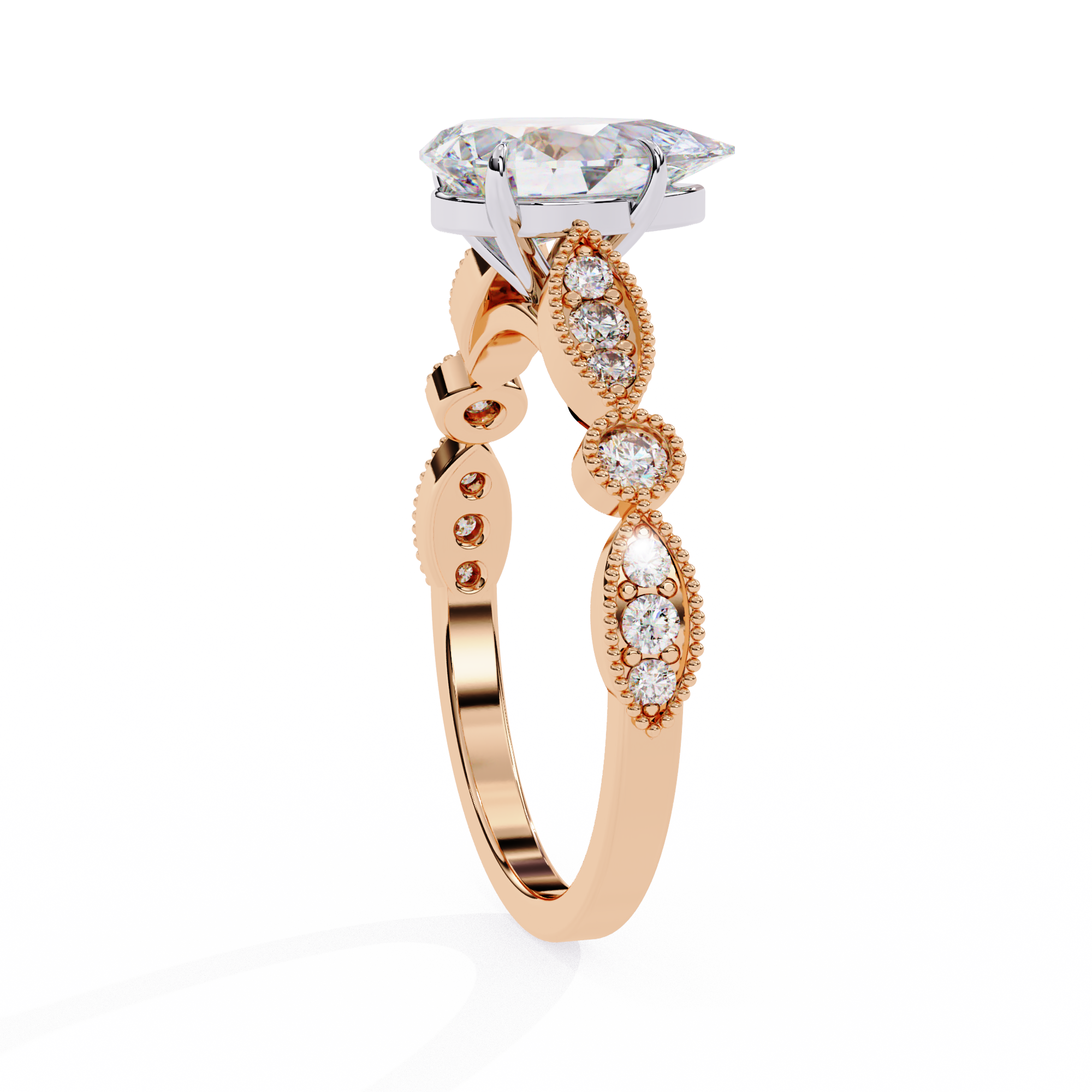 Rose gold and white gold ring with diamonds on a white background