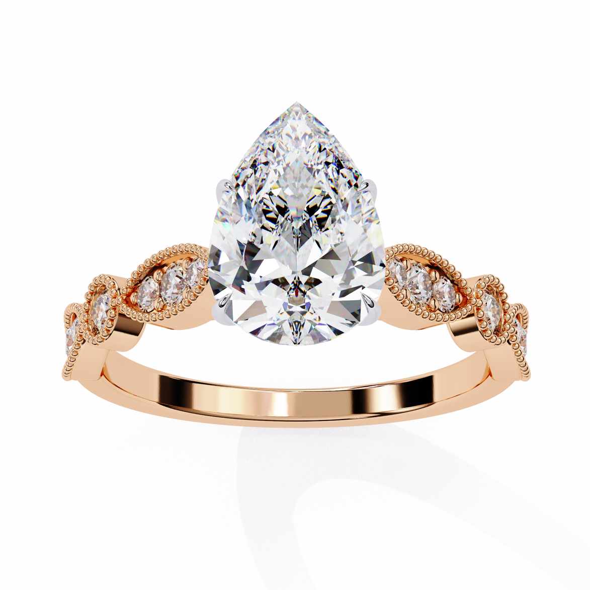 Rose gold ring with a large pear-shaped diamond and smaller diamonds on the band against a white background