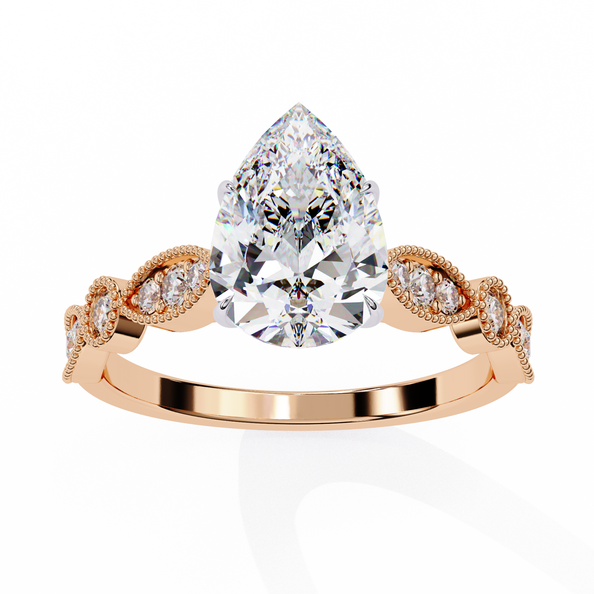 Rose gold ring with a large pear-shaped diamond and smaller diamonds on the band against a white background
