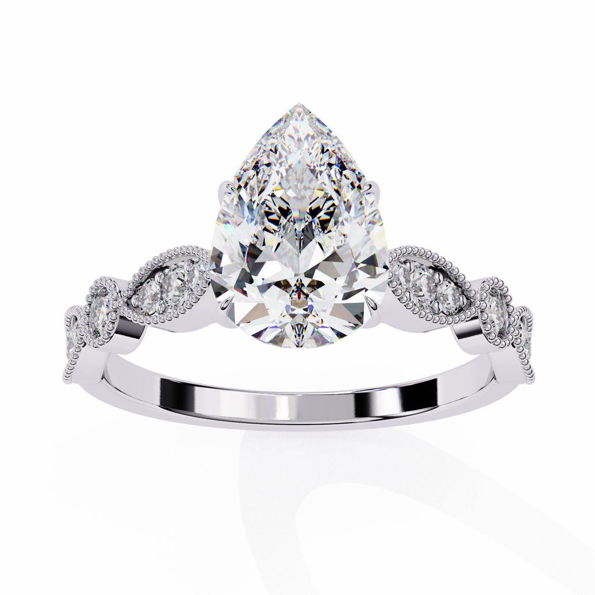Diamond ring with a pear-shaped center stone on a white background
