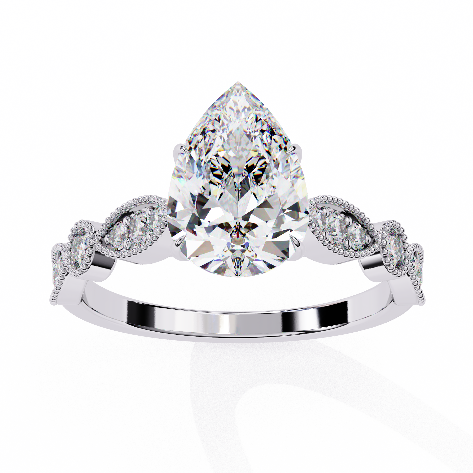 Diamond ring with a pear-shaped center stone on a white background