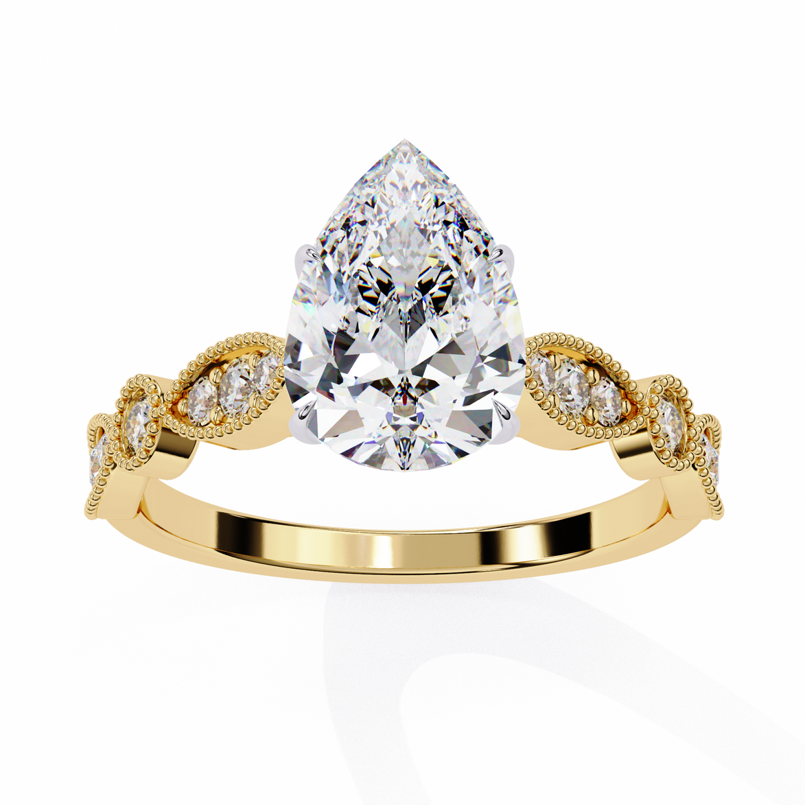 Gold ring with a large pear-shaped diamond and smaller diamonds on the band against a white background