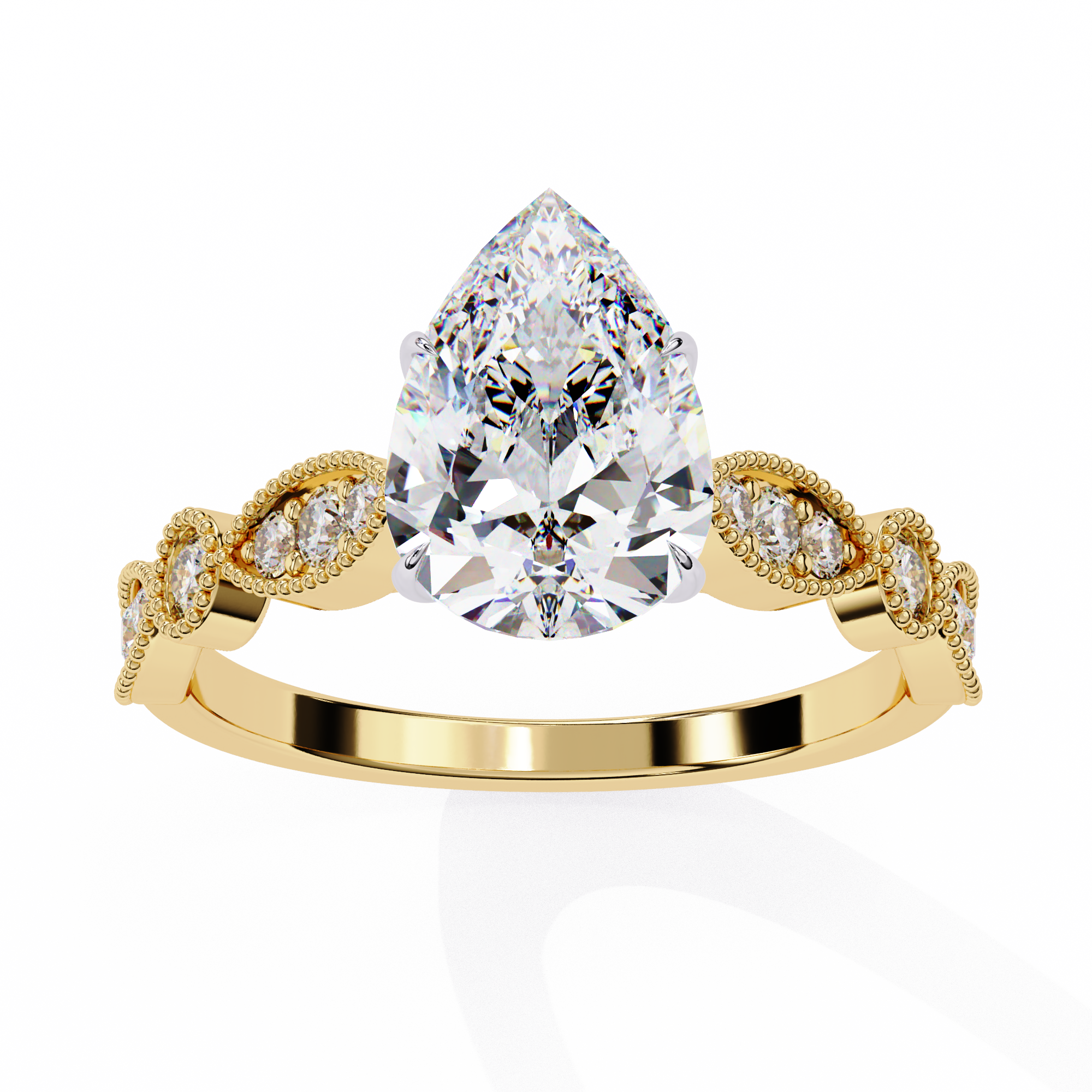 Gold ring with a large pear-shaped diamond and smaller diamonds on the band against a white background