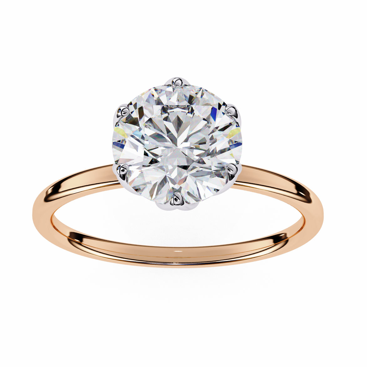 Rose gold ring with a large diamond on a white background