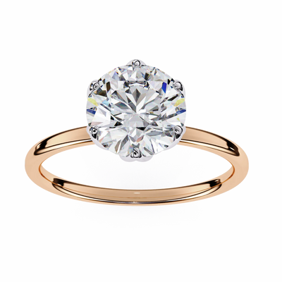 Rose gold ring with a large diamond on a white background