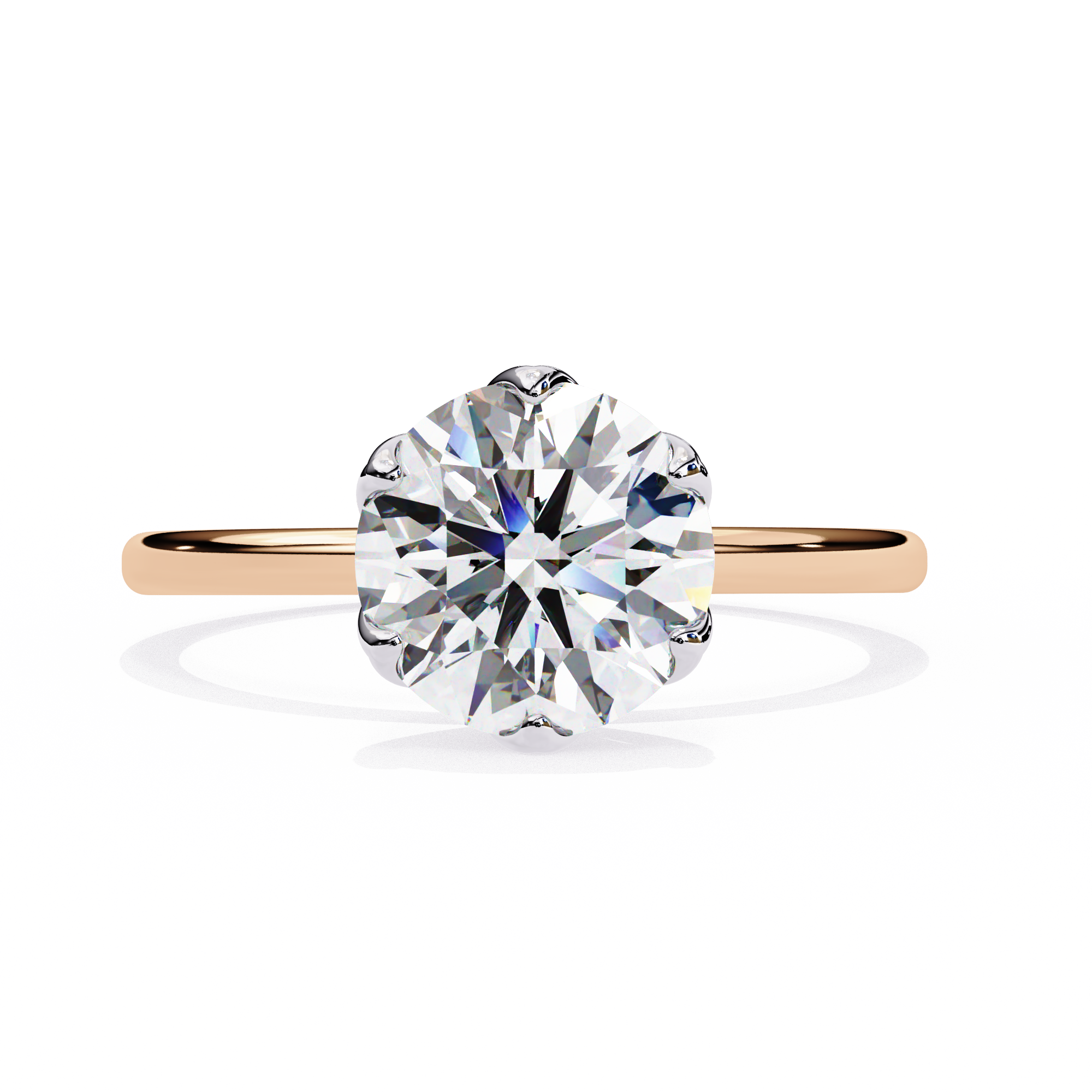 Diamond ring with rose gold band on a white background