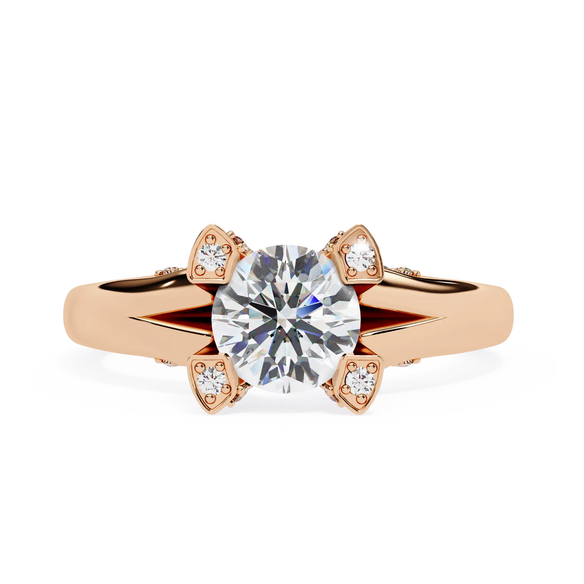 Rose gold ring with a large diamond and smaller diamonds on the band against a white background