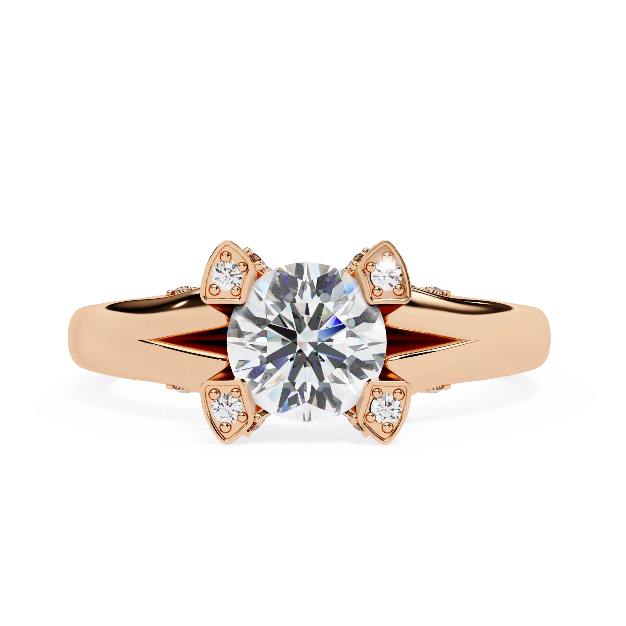 Rose gold ring with a large diamond and smaller diamonds on the band against a white background