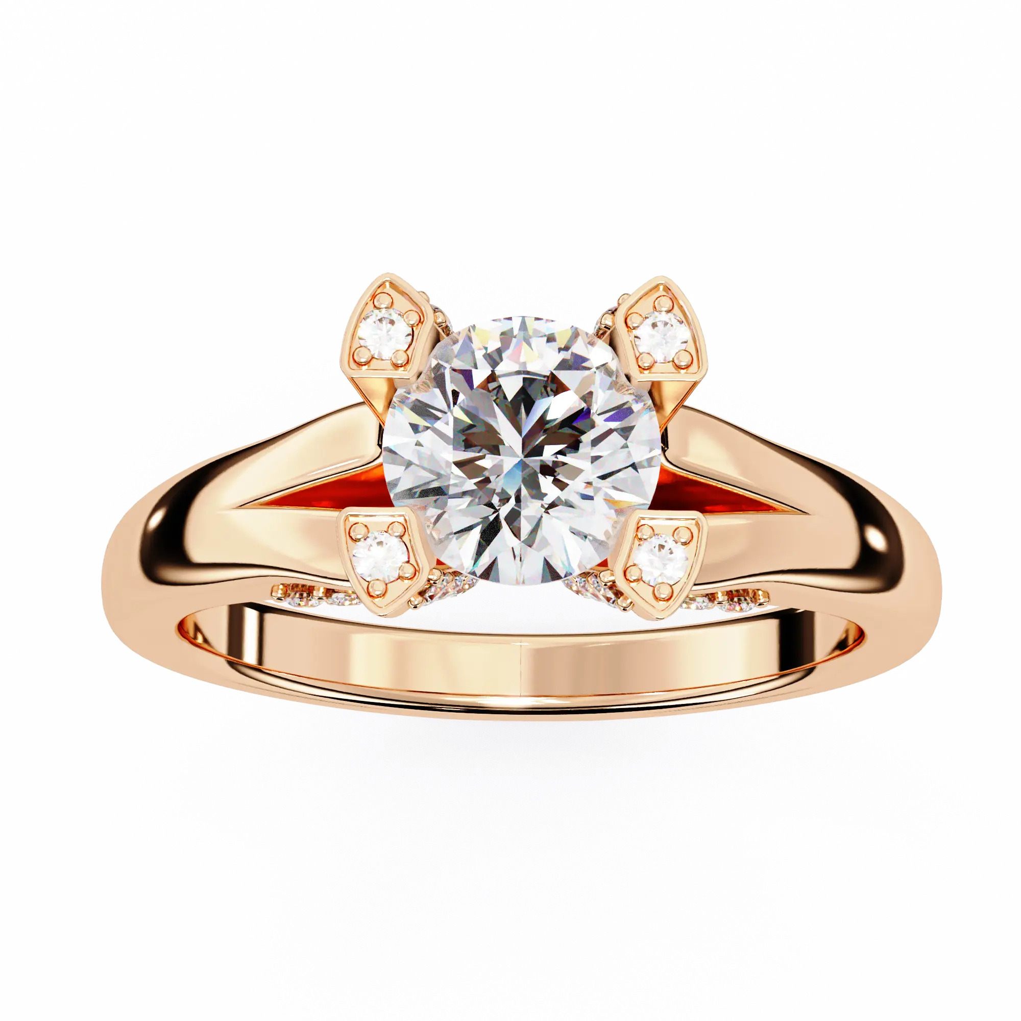 Rose gold ring with a large diamond and smaller diamonds on the shoulders against a white background