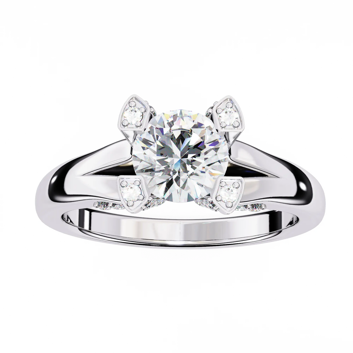 Silver ring with a large central diamond and smaller diamonds on the sides on a white background