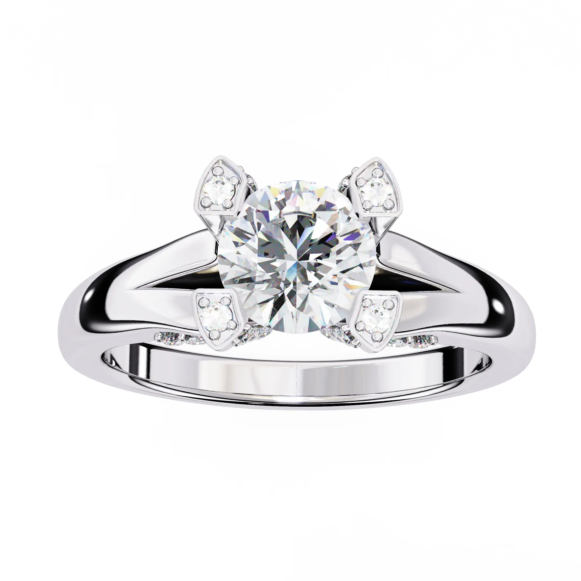 Silver ring with a large central diamond and smaller diamonds on the sides on a white background