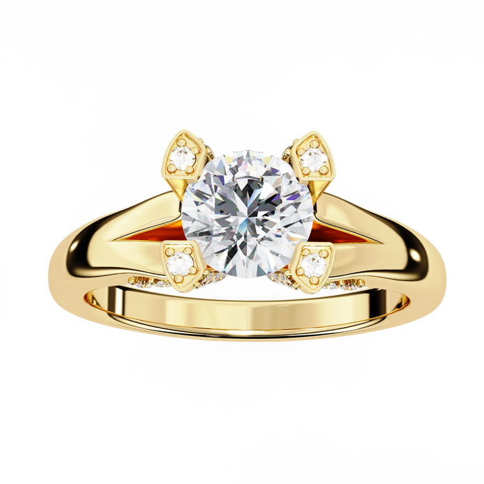 Gold ring with a large central diamond and smaller diamonds on the shoulders against a white background