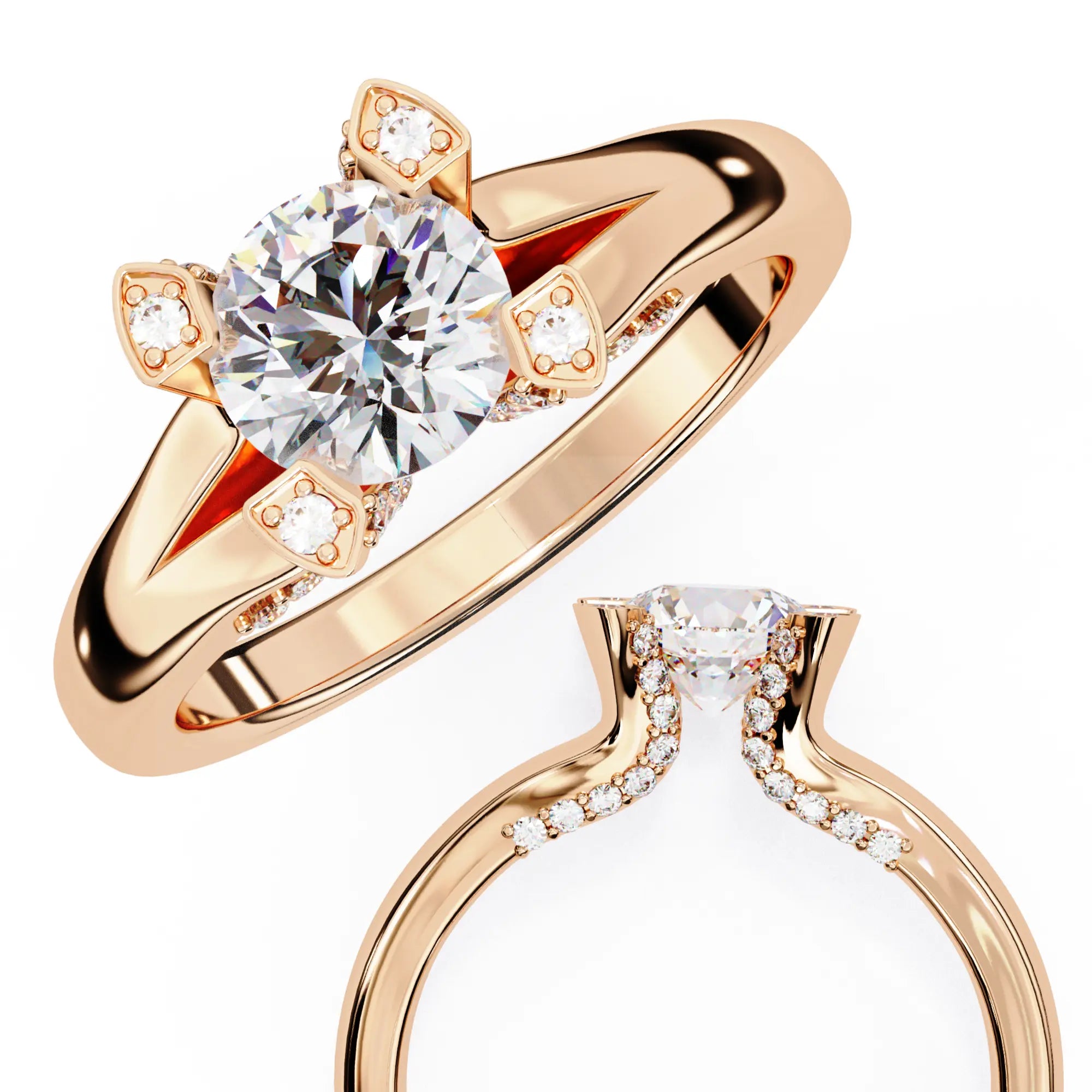 Rose gold ring with a large diamond and smaller diamonds on a white background