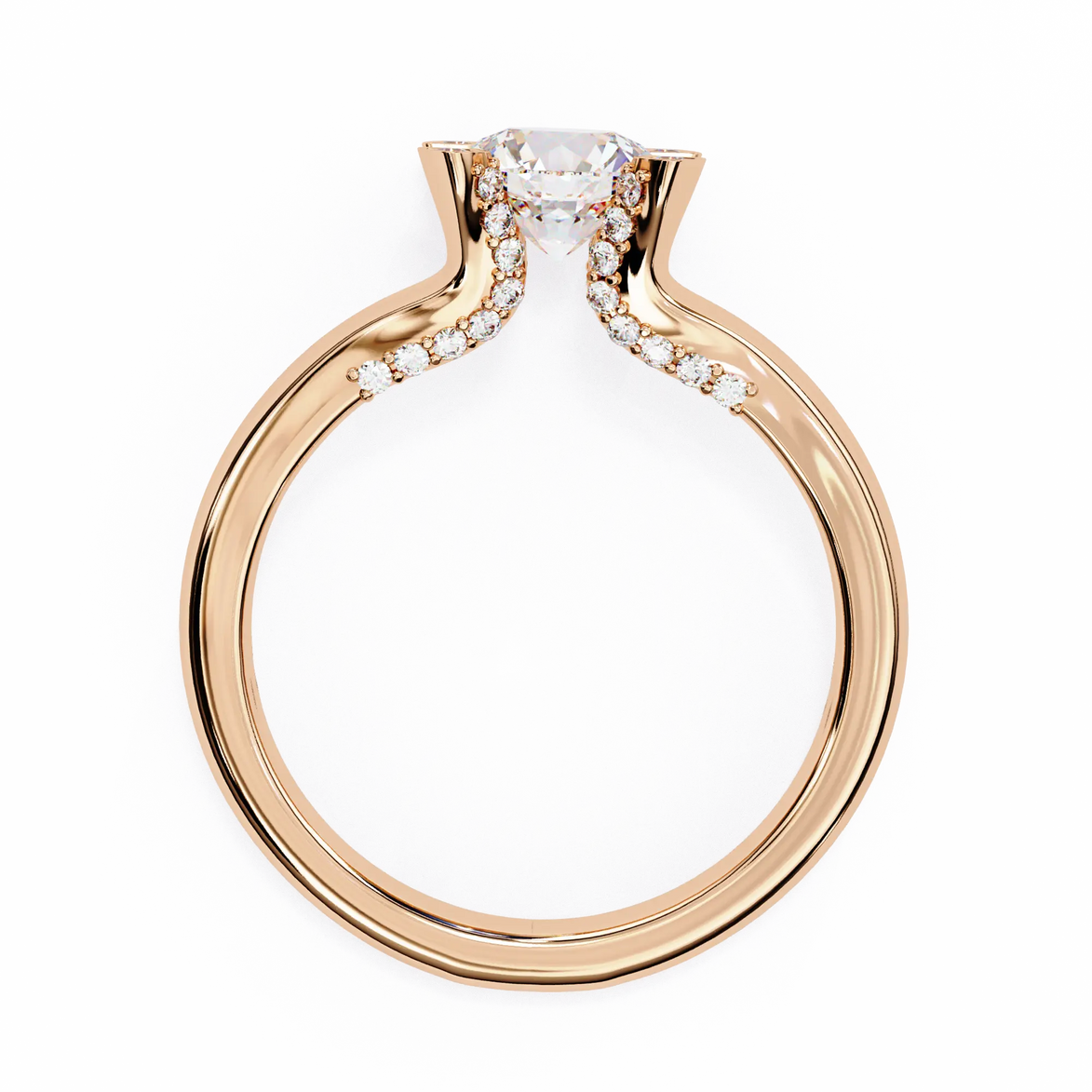 Rose gold ring with a diamond on a white background
