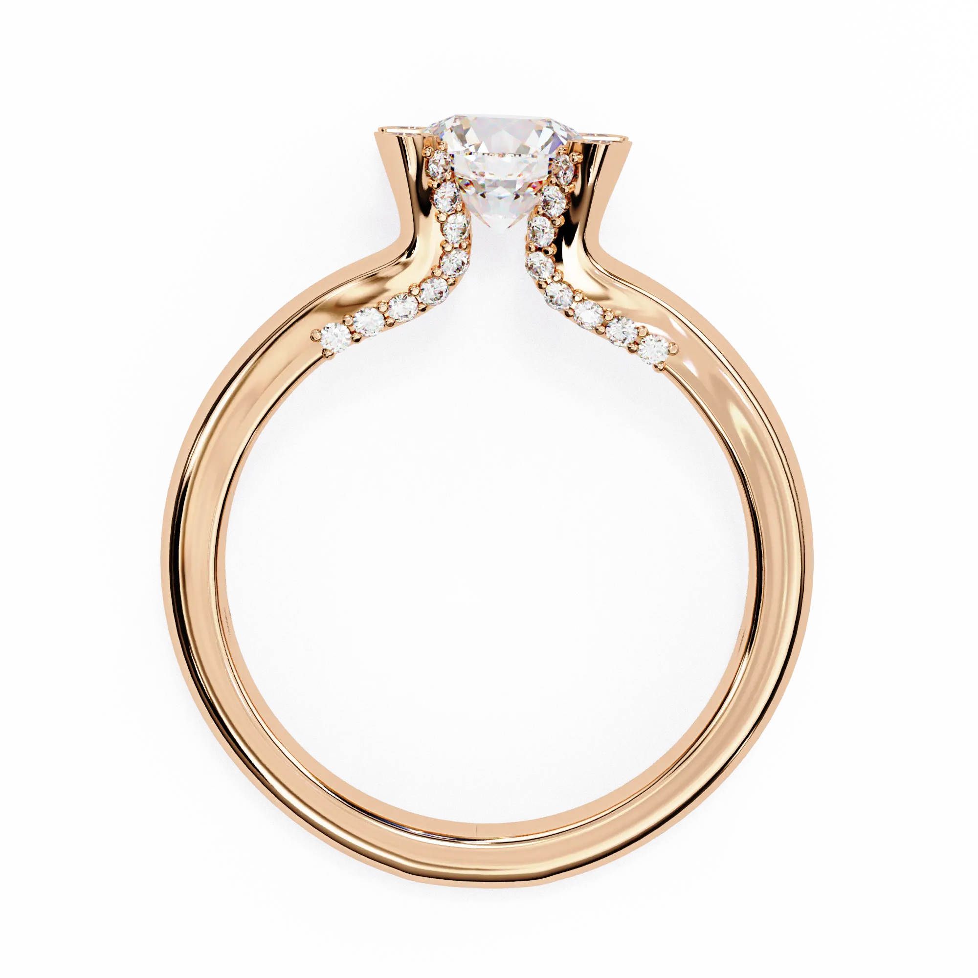 Rose gold ring with a diamond on a white background