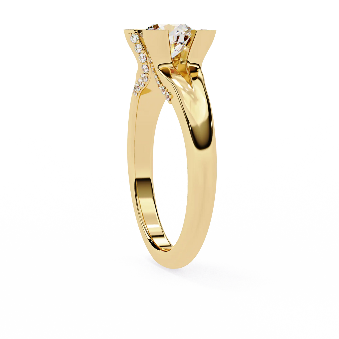 Gold ring with small diamonds on a white background