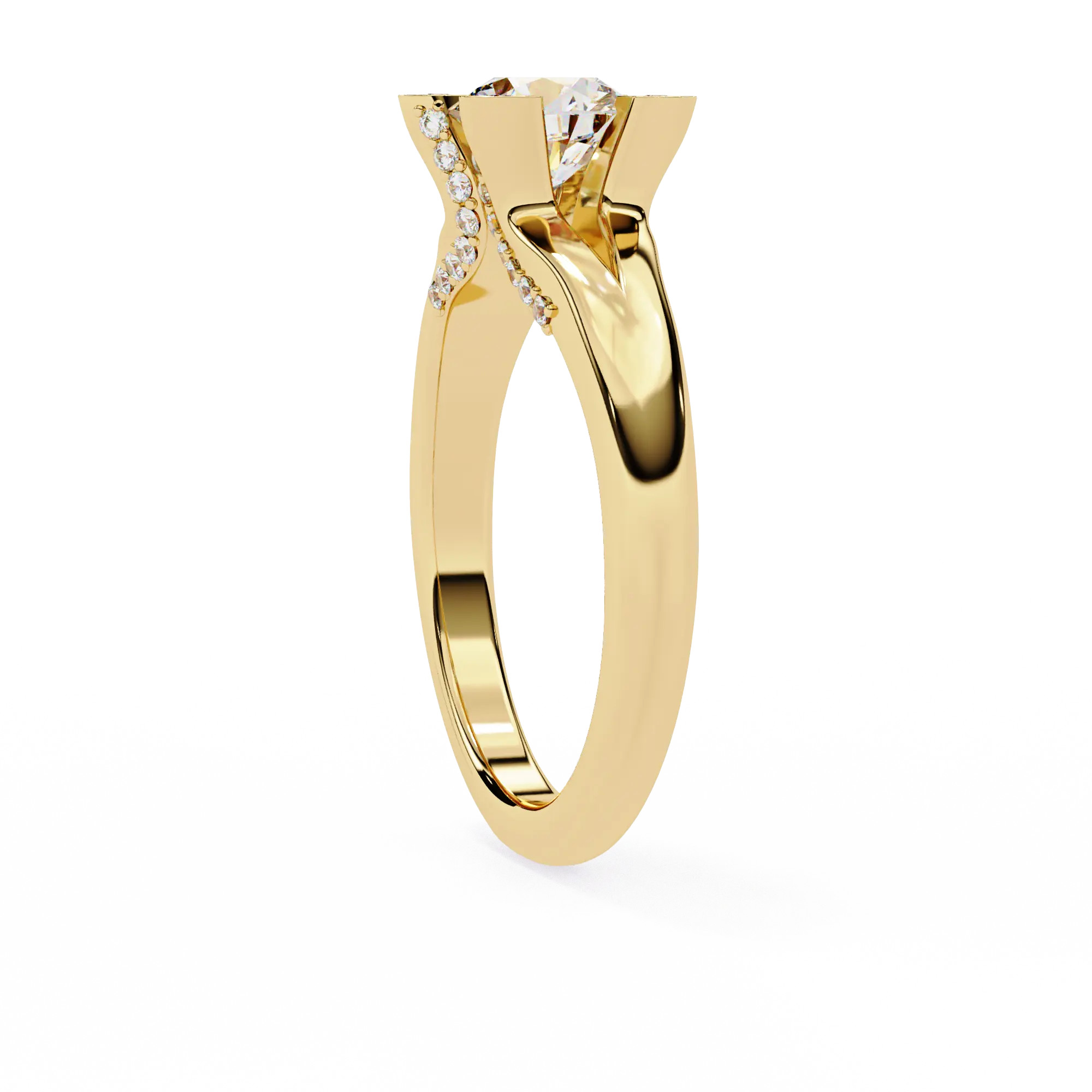 Gold ring with small diamonds on a white background