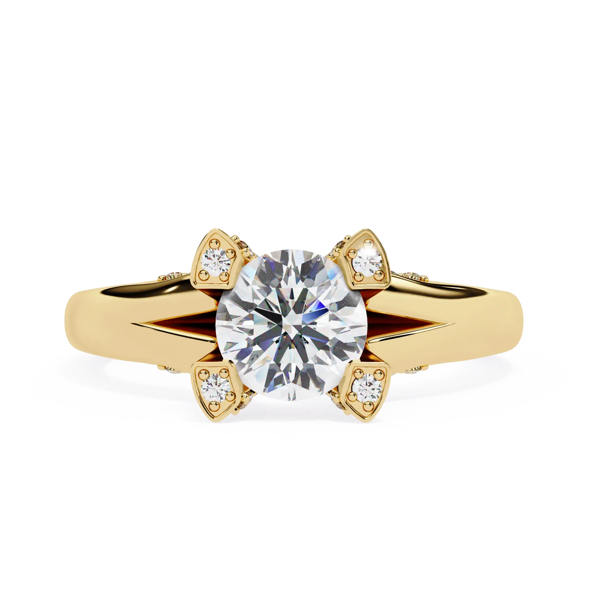 Gold ring with a large diamond and smaller diamonds on the band against a white background