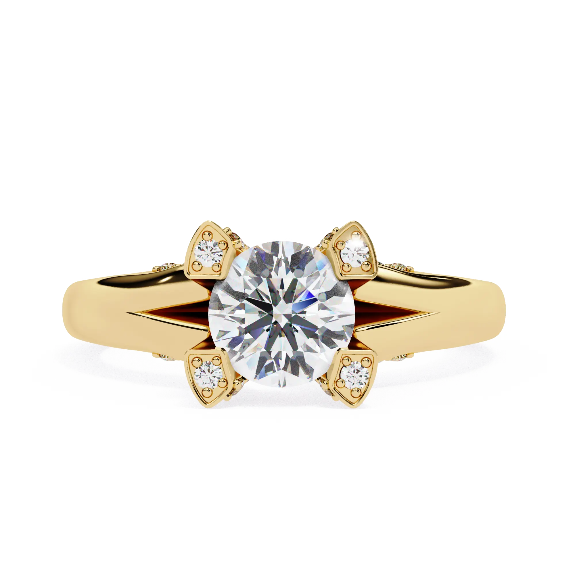 Gold ring with a large diamond and smaller diamonds on the band against a white background