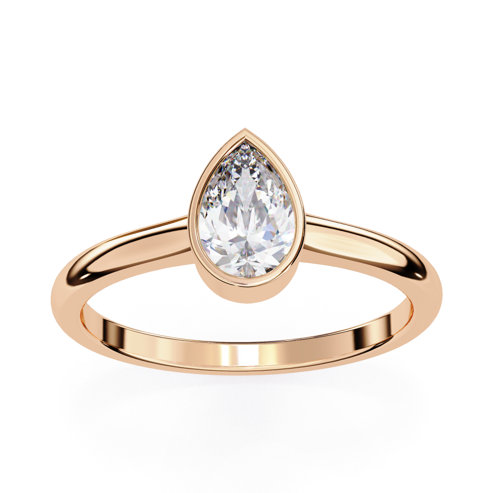 Rose gold ring with a pear-shaped diamond on a white background