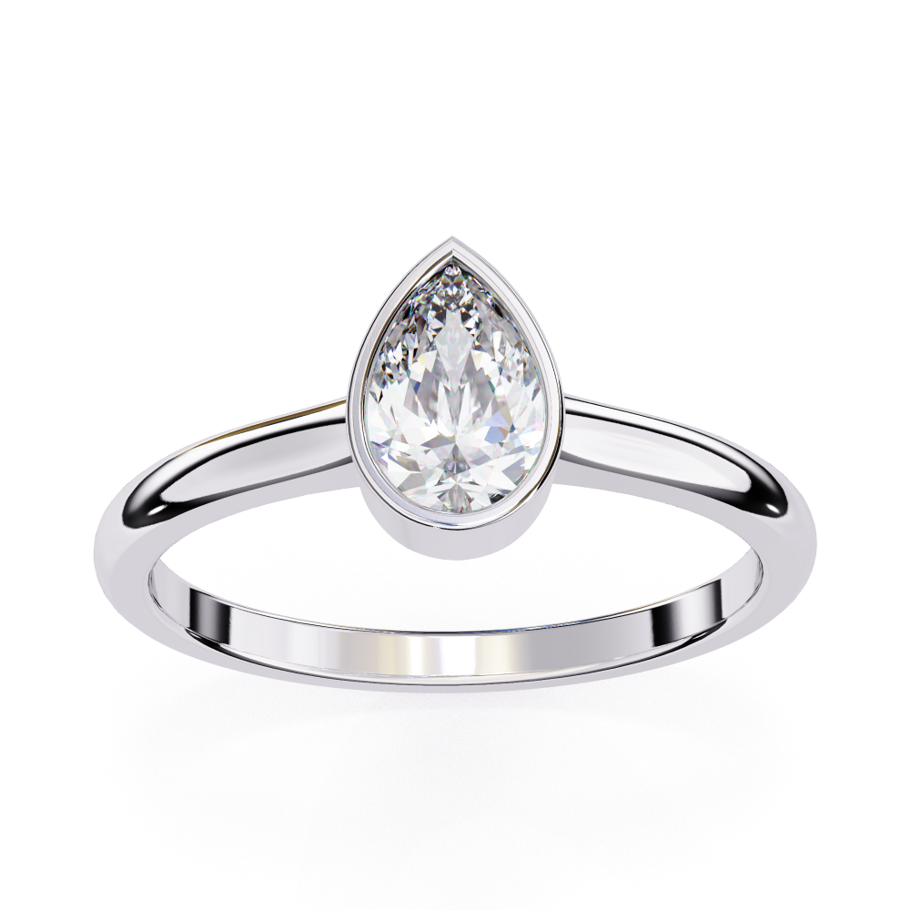 Silver ring with a teardrop-shaped diamond on a white background