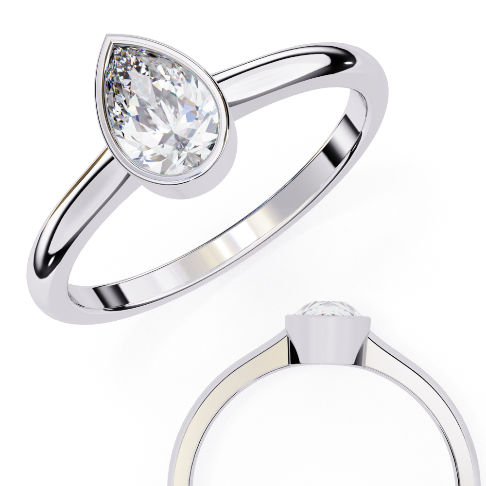 Silver ring with a pear-shaped diamond on a white background