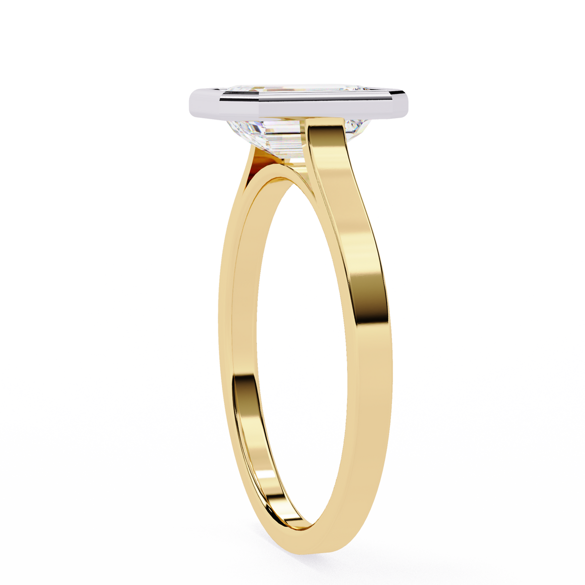 Rose gold ring with a clear gemstone on a white background