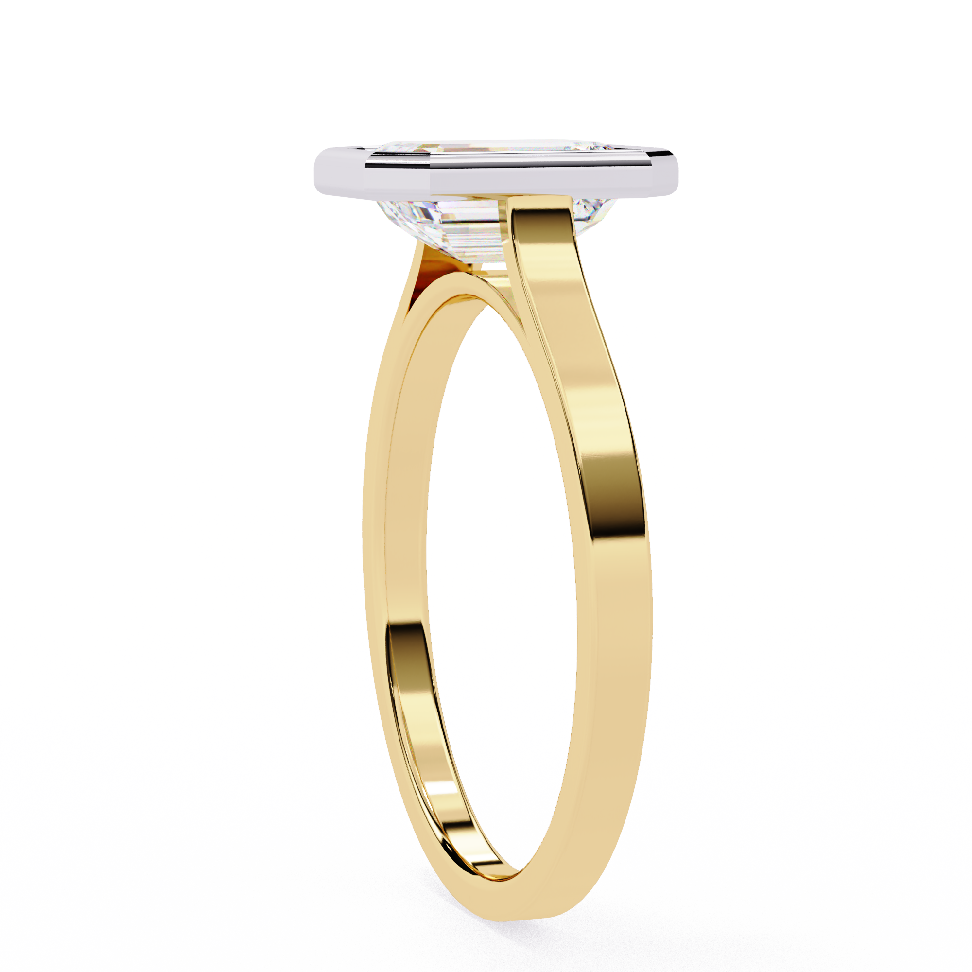 Rose gold ring with a clear gemstone on a white background