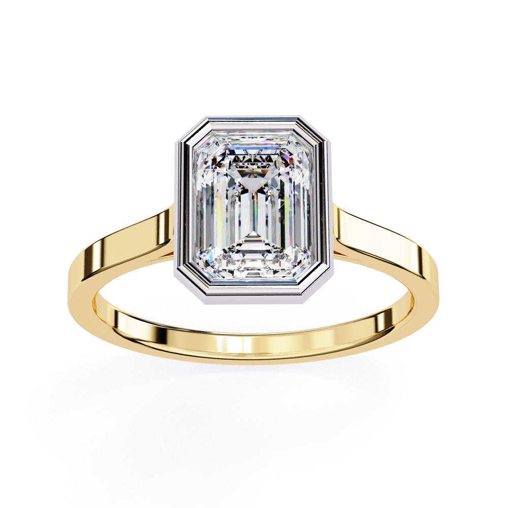 Gold ring with a large diamond on a white background
