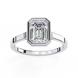 Diamond ring with emerald-cut gemstone on a white background