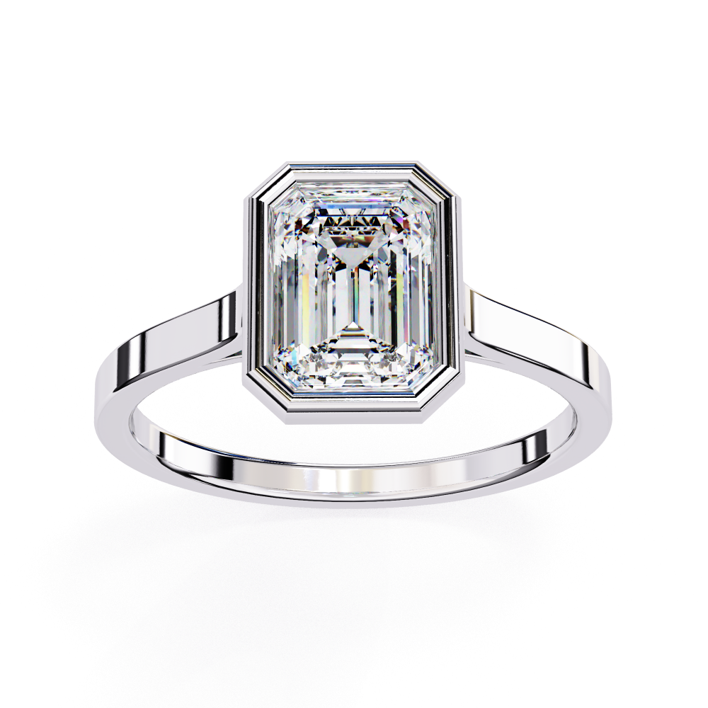 Diamond ring with emerald-cut gemstone on a white background
