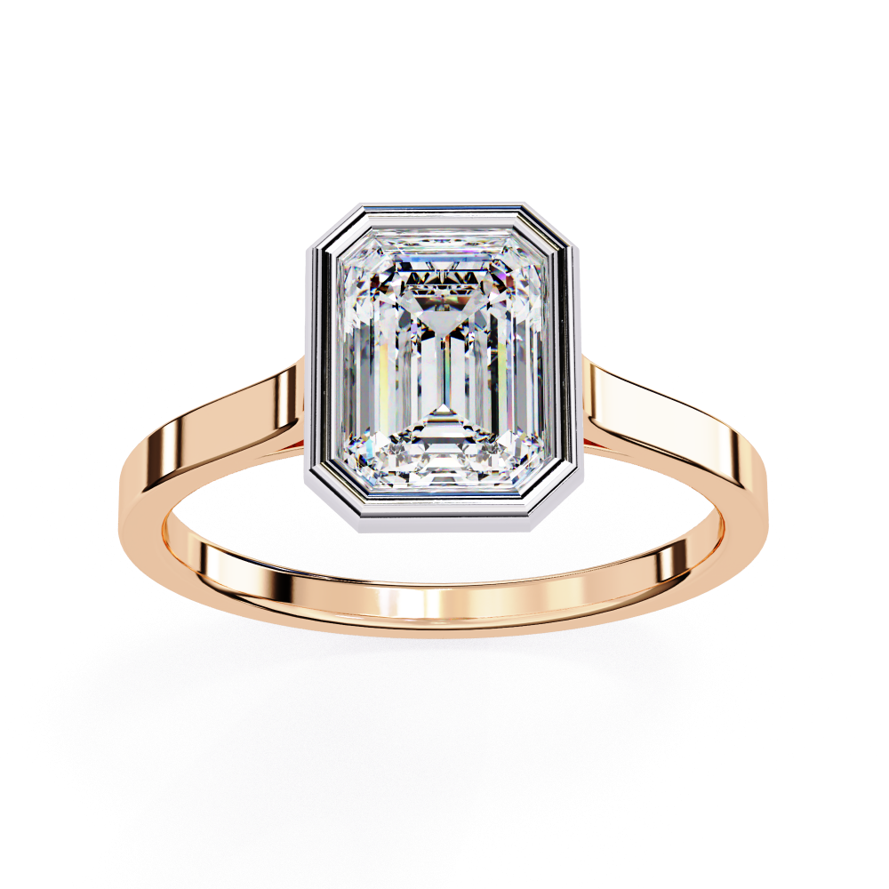 Rose gold ring with a large diamond on a white background