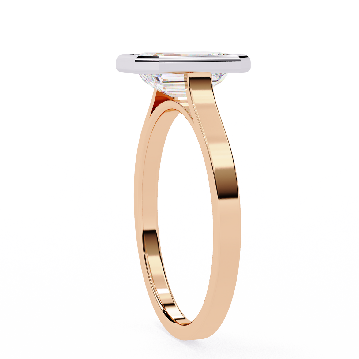 Rose gold ring with a clear gemstone on a white background