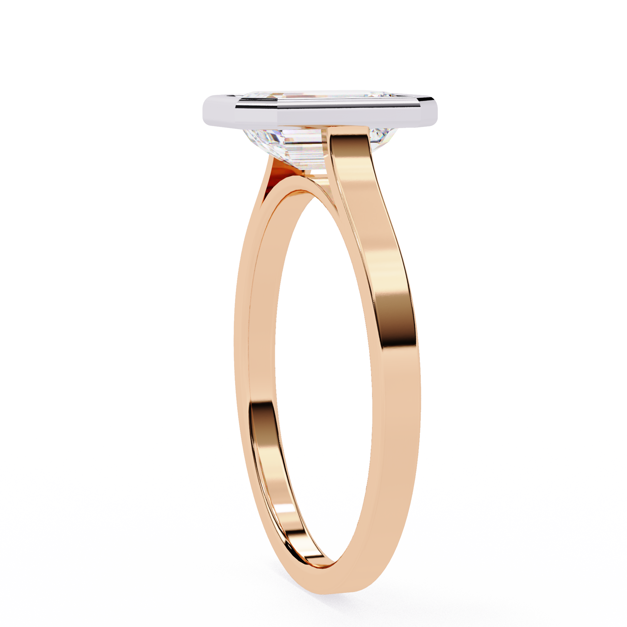 Rose gold ring with a clear gemstone on a white background