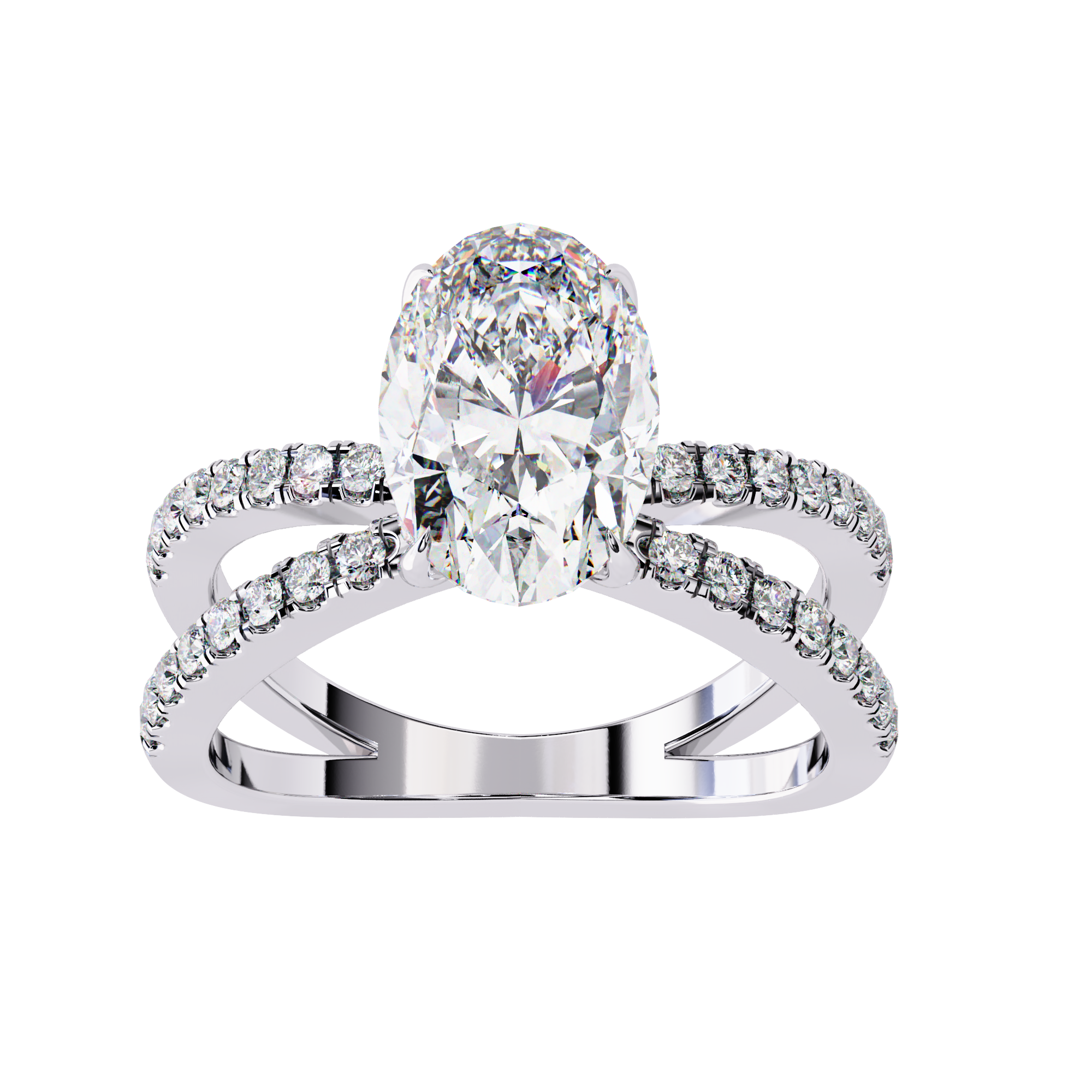 Diamond ring with a large central gemstone and smaller stones on a white background