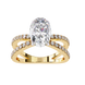 Gold ring with a large diamond and smaller diamonds on the band against a white background