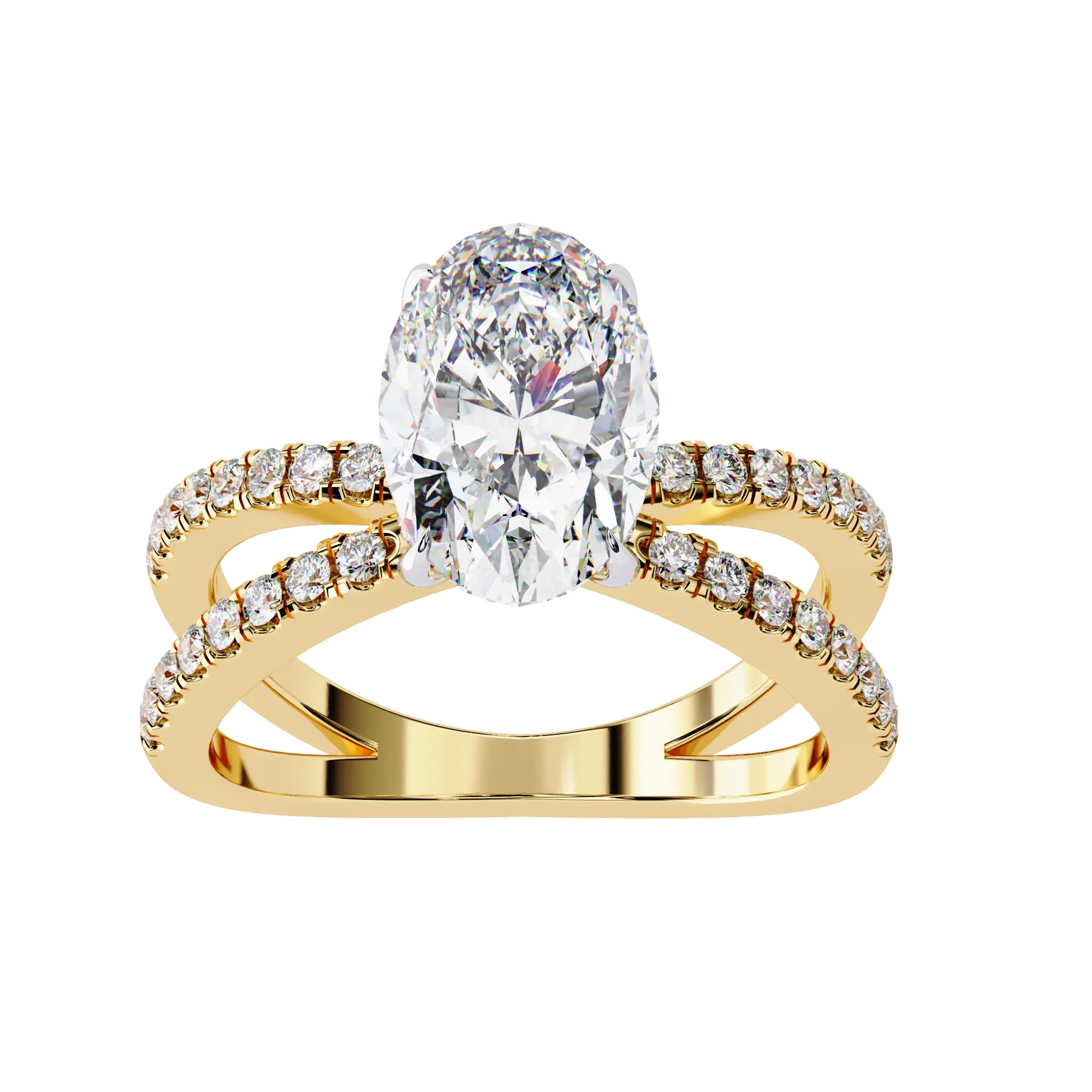 Gold ring with a large diamond and smaller diamonds on the band against a white background
